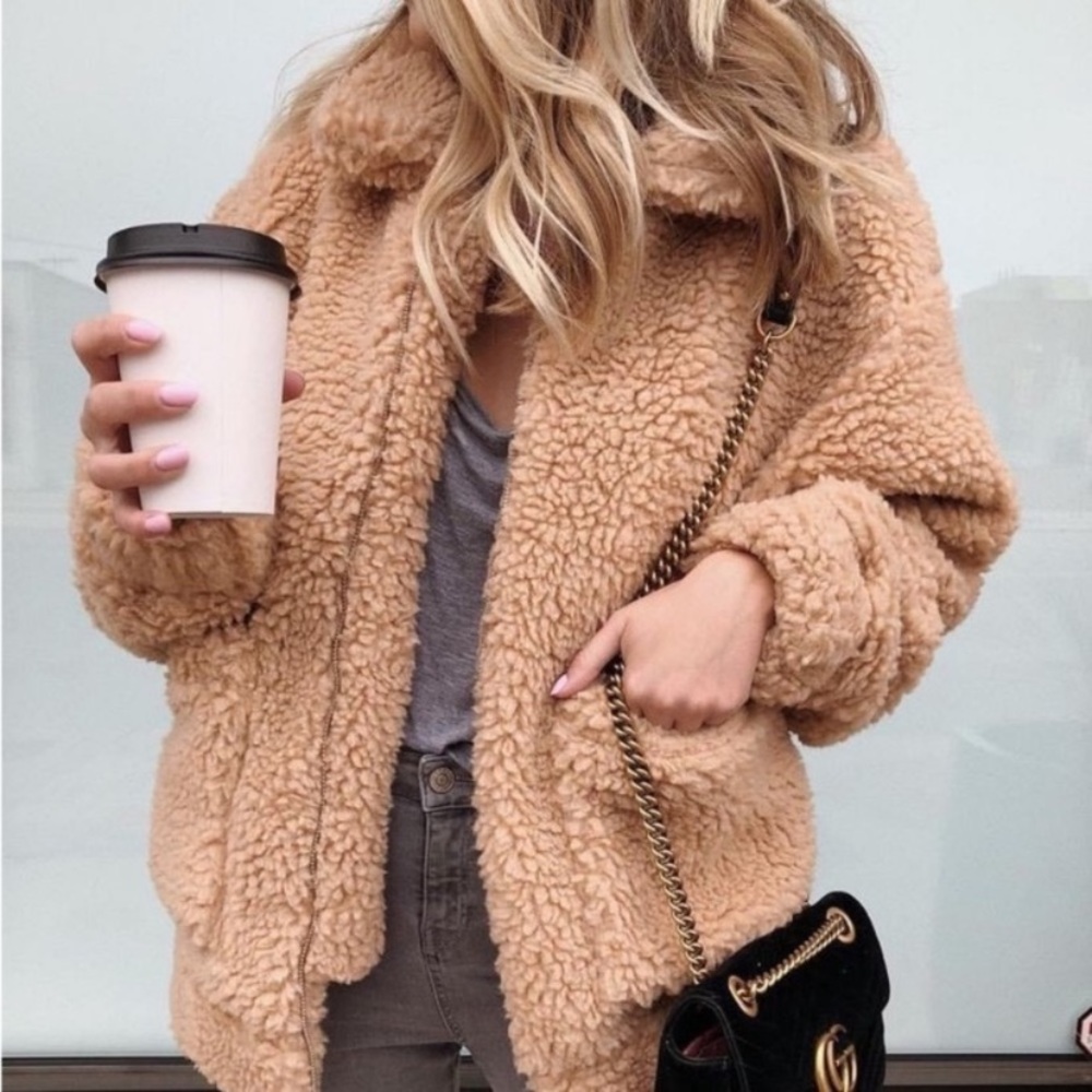 teddy bear plush jacket camel faux fur women long sleeve